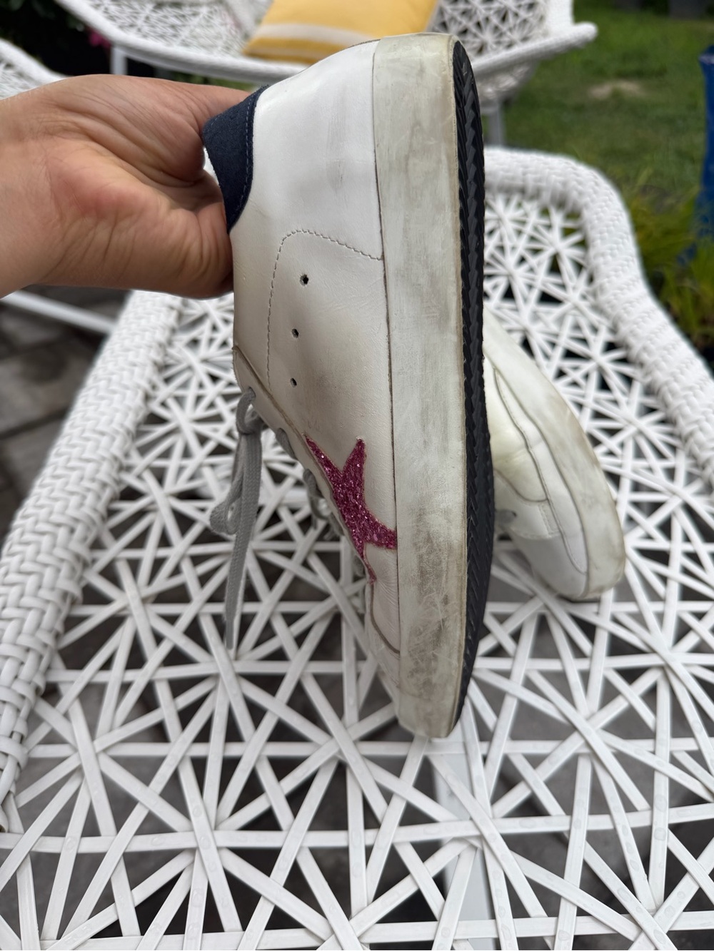 Golden Goose women’s White Leather Sneakers with Pink Glitter Star and Navy Heel - Picture 5 of 13